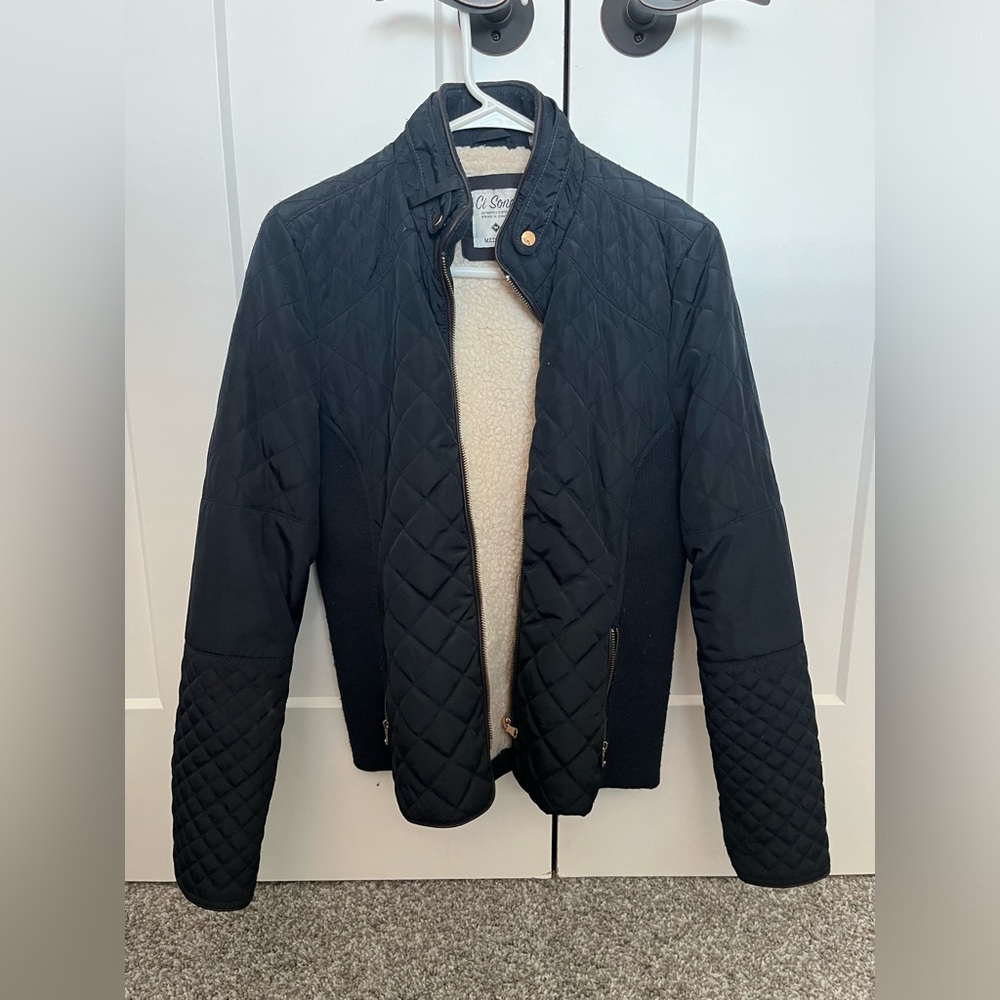 Ci Sono Navy Blue Quilted Coat - Faux Fur